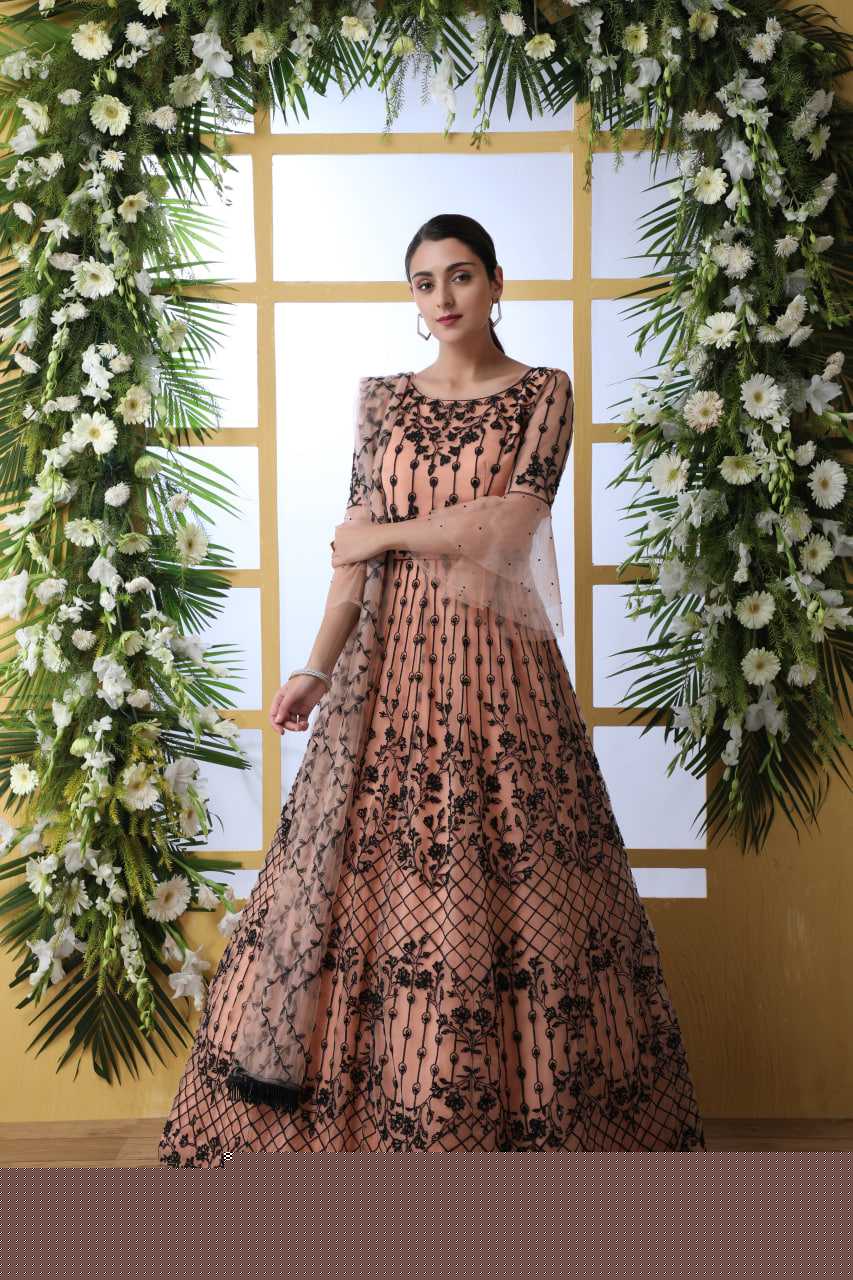 Net KESH417 4201 Gowns Wholesale Embroidery Gowns Net Gowns Peach Gown