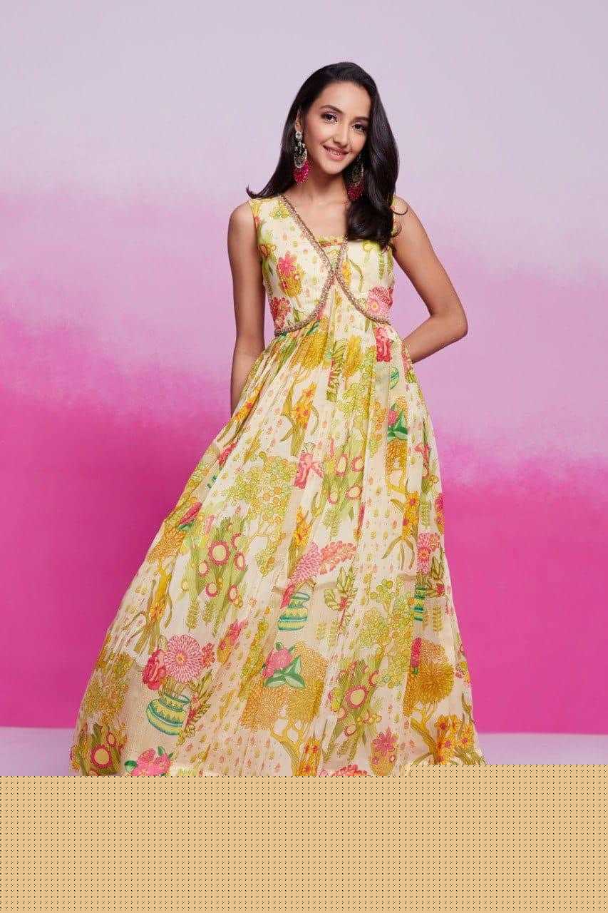 Organza RIN197 New Printed Gown Gowns Wholesale Printed Gowns Fancy Gowns Off-Shoulder Gowns