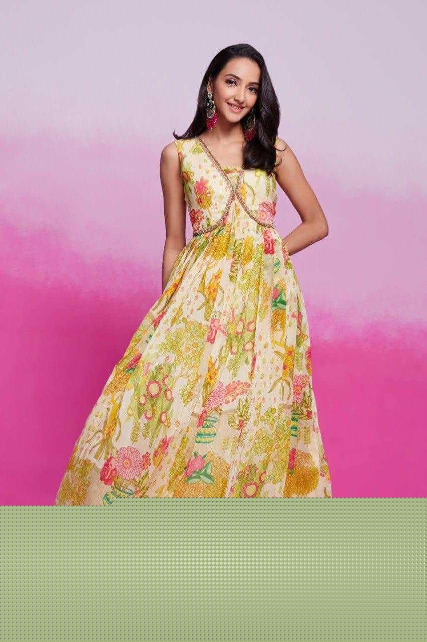 Organza RIN197 New Printed Gown Gowns Wholesale Printed Gowns Fancy Gowns Off-Shoulder Gowns