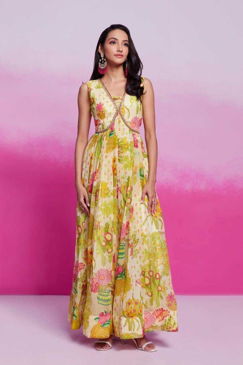 Organza RIN197 New Printed Gown Gowns Wholesale Printed Gowns Fancy Gowns Off-Shoulder Gowns