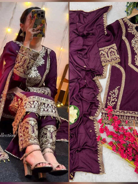 Chinon Silk KESH495 Micro Suits & Dresses Wholesale Ladies Suits Embroidery Suits Palazzo Suit Wedding guest dresses