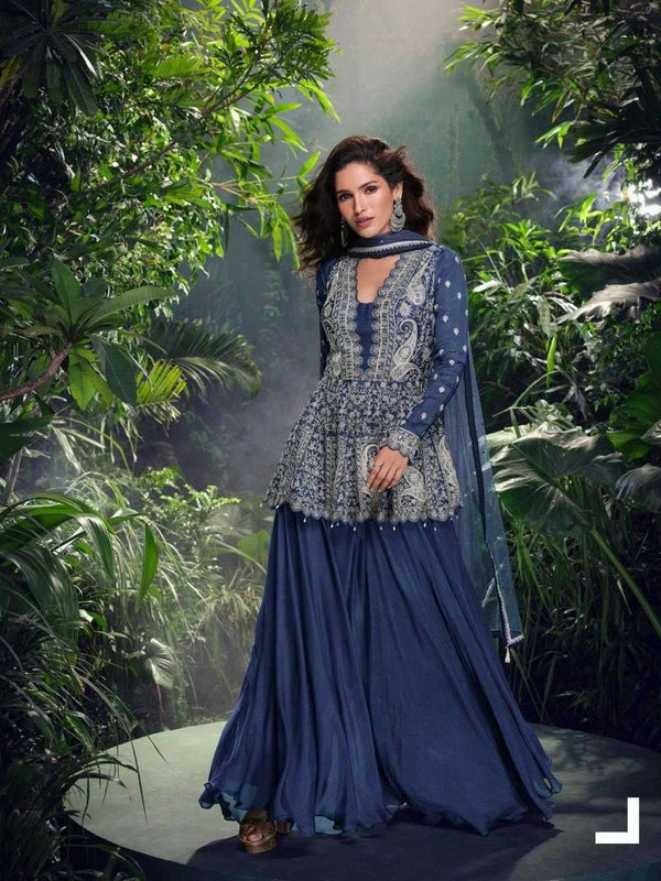 Chinon Silk RIN184 SHIVANI Suits & Dresses Wedding Collections Festive Collections Wholesale Embroidery Suits Palazzo Suit Georgette Suit