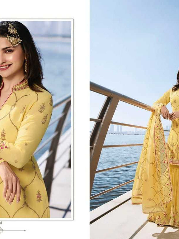FAUX GEORGETTE RIN131 8974 SUITS & DRESSES WHOLESALE SHARARA EMBROIDERY GEORGETTE YELLOW SALWAR PRACHI DESAI SUITS