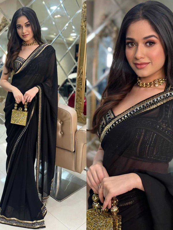 Faux Georgette RIN215 468 Sarees Bollywood Collections Wholesale Fancy Sarees Embroidered Sarees Lace Border Sarees Jannat Zubair Rahmani