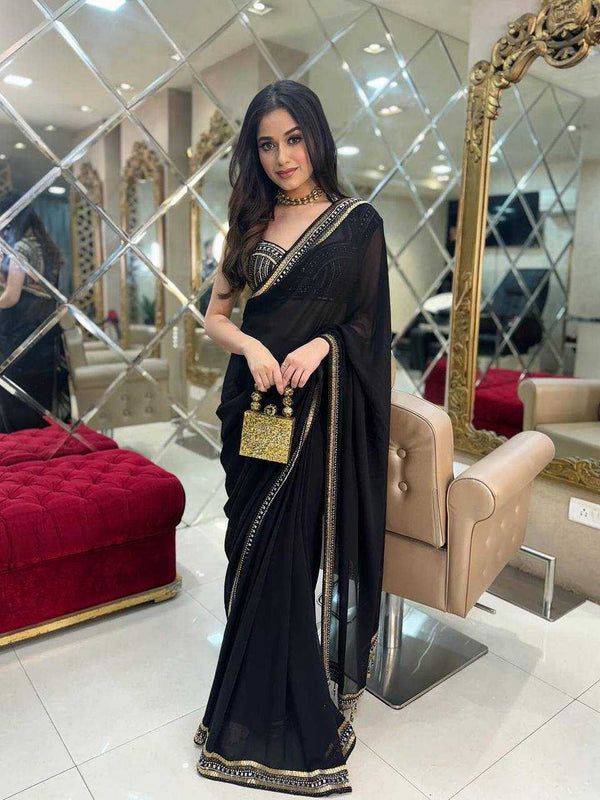 Faux Georgette RIN215 468 Sarees Bollywood Collections Wholesale Fancy Sarees Embroidered Sarees Lace Border Sarees Jannat Zubair Rahmani