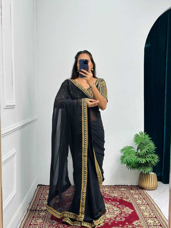 Faux Georgette RIN215 468 Sarees Bollywood Collections Wholesale Fancy Sarees Embroidered Sarees Lace Border Sarees Jannat Zubair Rahmani