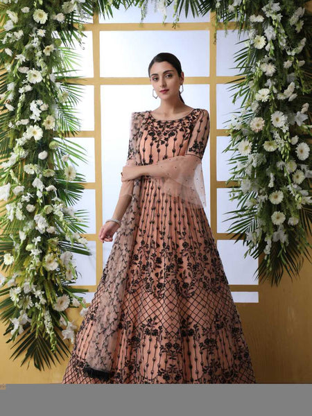 Net KESH417 4201 Gowns Wholesale Embroidery Gowns Net Gowns Peach Gown