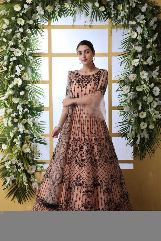 Net KESH417 4201 Gowns Wholesale Embroidery Gowns Net Gowns Peach Gown