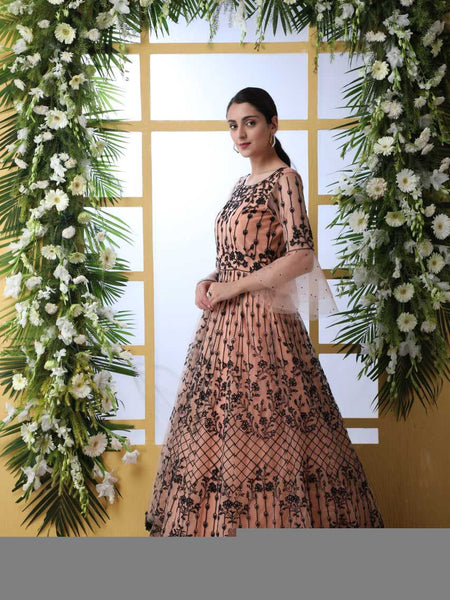 Net KESH417 4201 Gowns Wholesale Embroidery Gowns Net Gowns Peach Gown