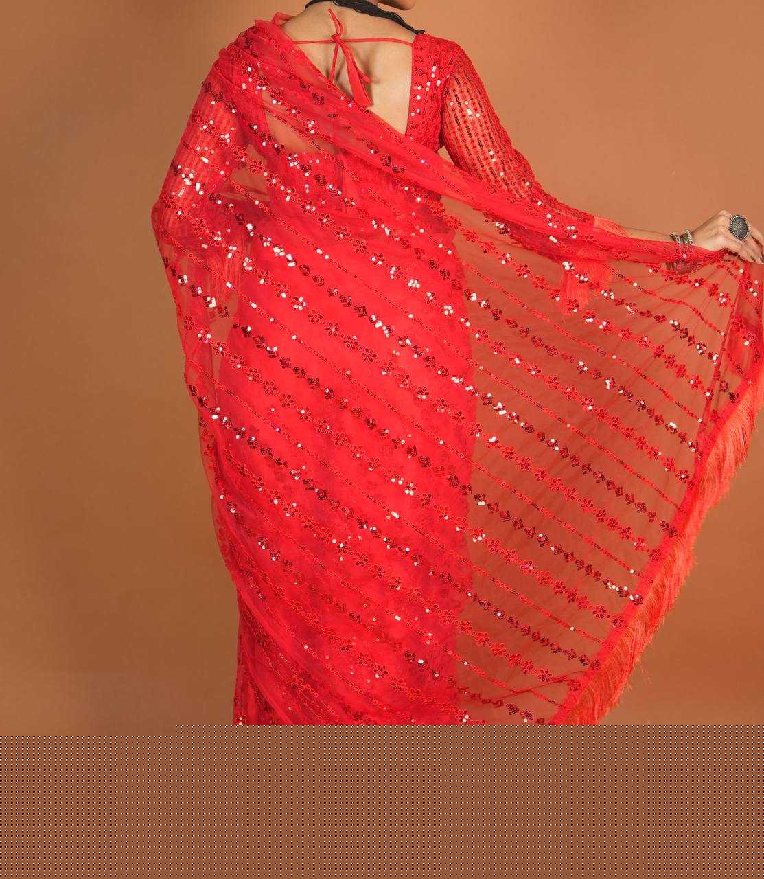 Net RIN213 L320 Sarees Wholesale Party Wear Sarees Fancy Sarees Sequence Sarees Net Sarees Red Sarees