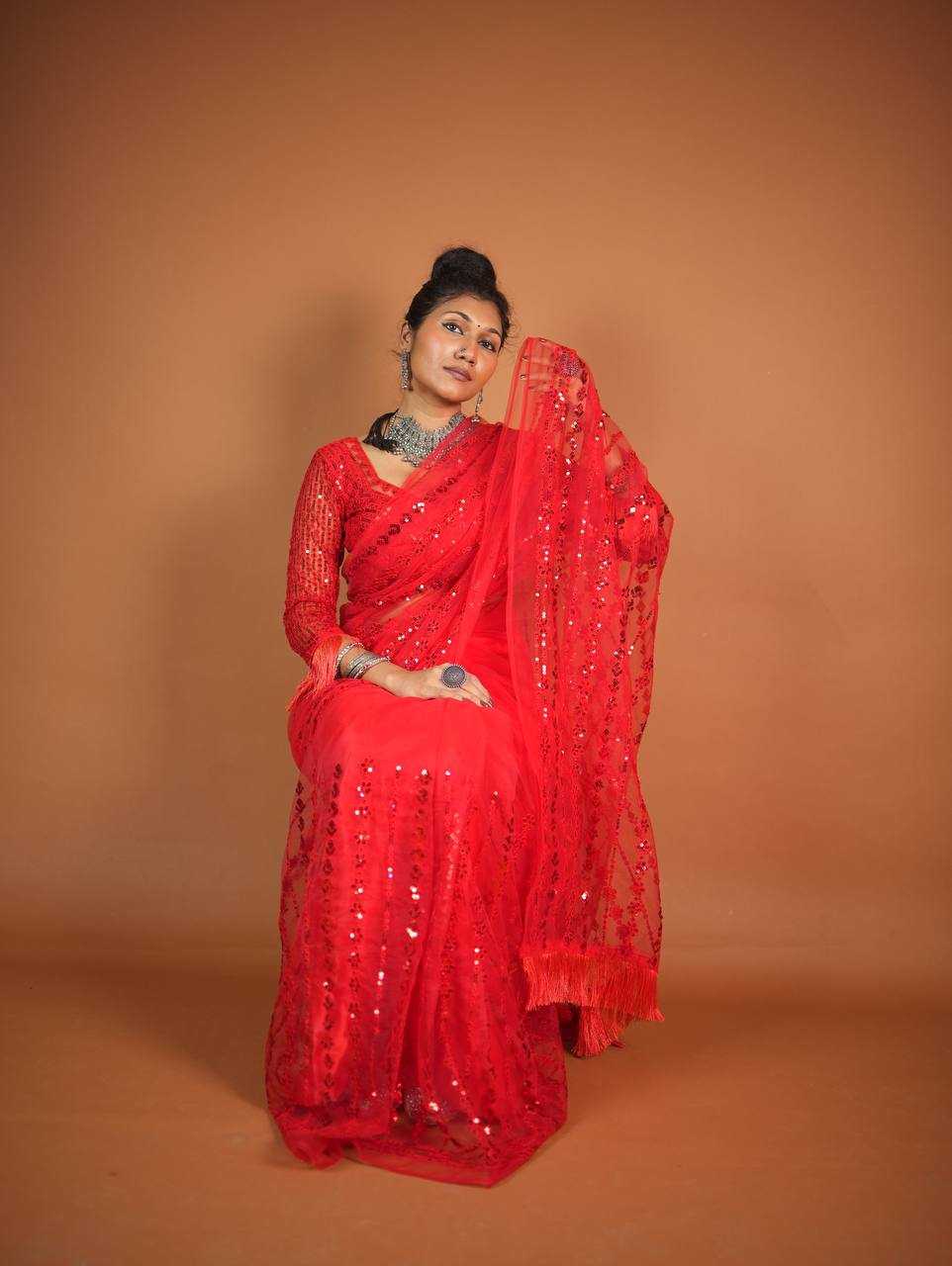 Net RIN213 L320 Sarees Wholesale Party Wear Sarees Fancy Sarees Sequence Sarees Net Sarees Red Sarees