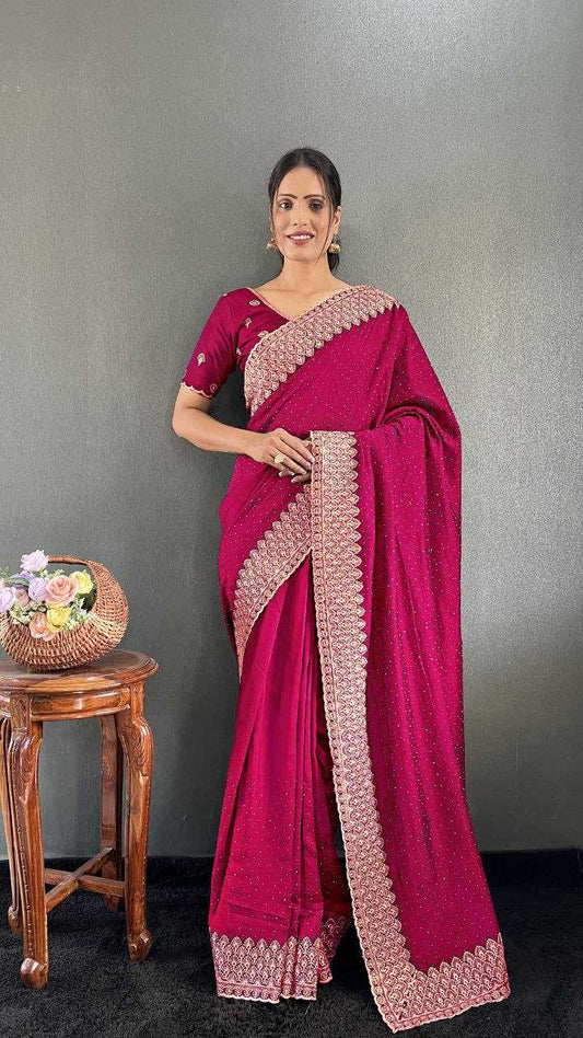 Vichitra Silk RIN214 143 Sarees Wholesale Ready To Wear Sarees Swarovski Sarees Zari Border Sarees