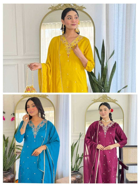 Vichitra Silk RIN222 SI-200 Suits & Dresses Wedding Collections Festive Collections Wholesale Ladies Silk Suit Casual Dresses Embroidered Dresses